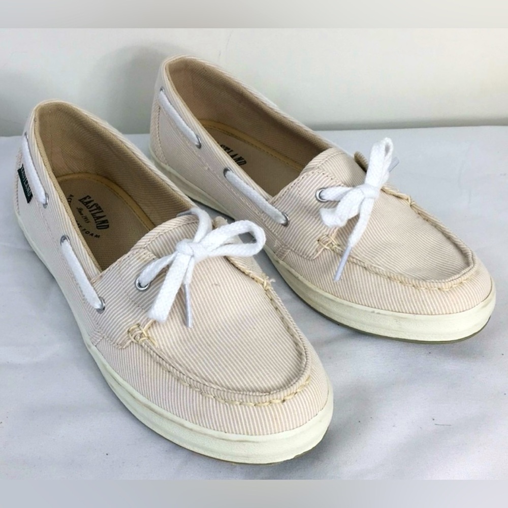 Eastland Women's “Skip” Slip-On, Tan/White Stripe Canvas Boat Shoes, Size 9, EUC